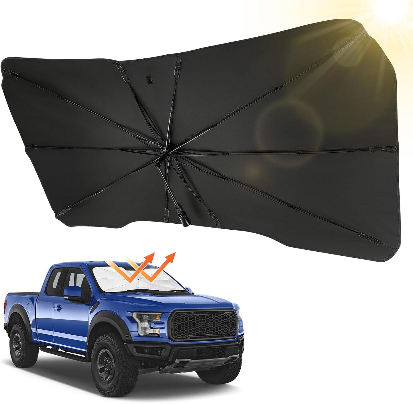 JOYTUTUS Windshield Sun Shade Umbrella, Fit for Ford 2015-2025 F150 F250 F350, with 360° Rotation Bendable Shaft, Titanium Silver Coating for UV Ray Block, Car Front Window Sun Shade Keep the Car Cool