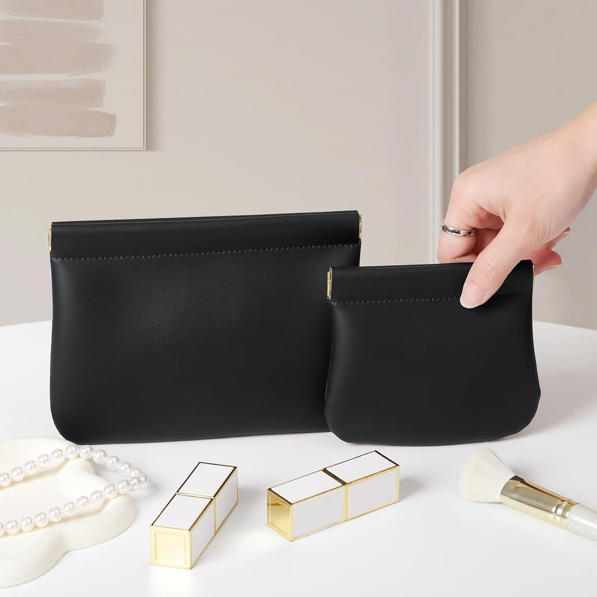 2 Pack Small Makeup Bag for Purse, Cosmetic Travel Pouch, Black
