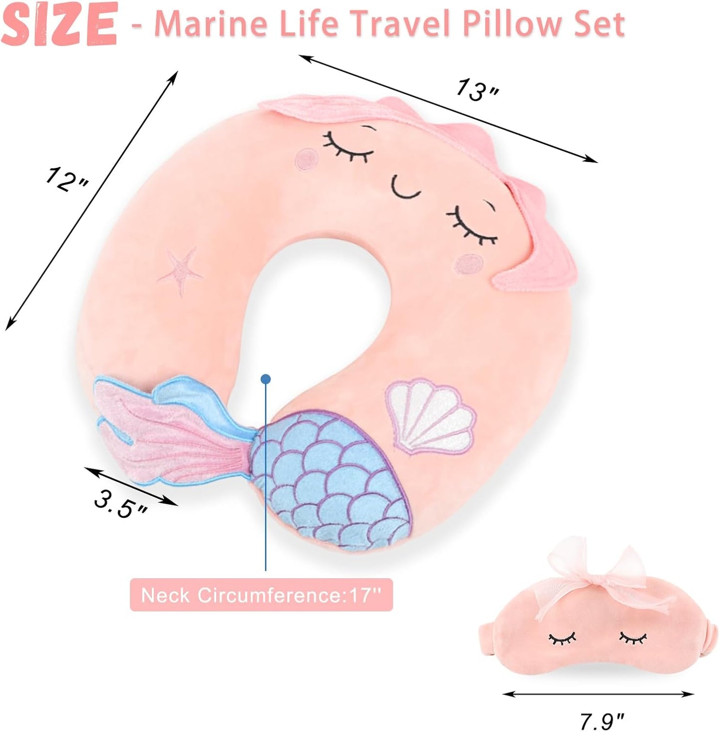 Travel Pillow, Travel Accessories for Car Airplane Traveling, Soft Memory Foam Kids Travel Pillow with Sleep Eye Mask Kids Neck Pillow for Boys & Girls - Cute Pink Mermaid