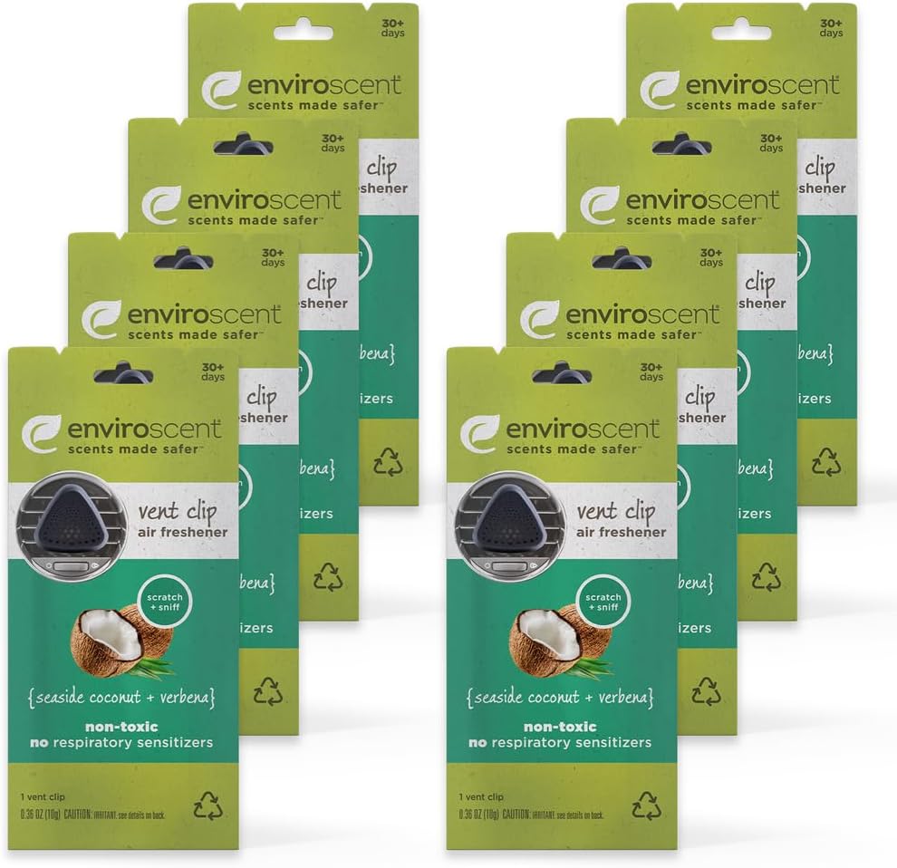 Enviroscent Non-Toxic* Car Vent Clip Air Fresheners - Single Use Auto Vent Clips - Good for All Vehicle Types -Fragrance Lasts Up to 30 Days - Seaside Coconut &amp; Verbena Scent (8 Count)