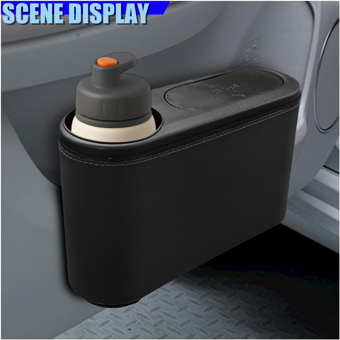 Craedli Car Trash Can with Lid, Leakproof Hanging Garbage Can Car Door Trash Bin with Cup Holder, Multipurpose Auto Interior Back Seat Storage Organizer for Home, Office (Black)