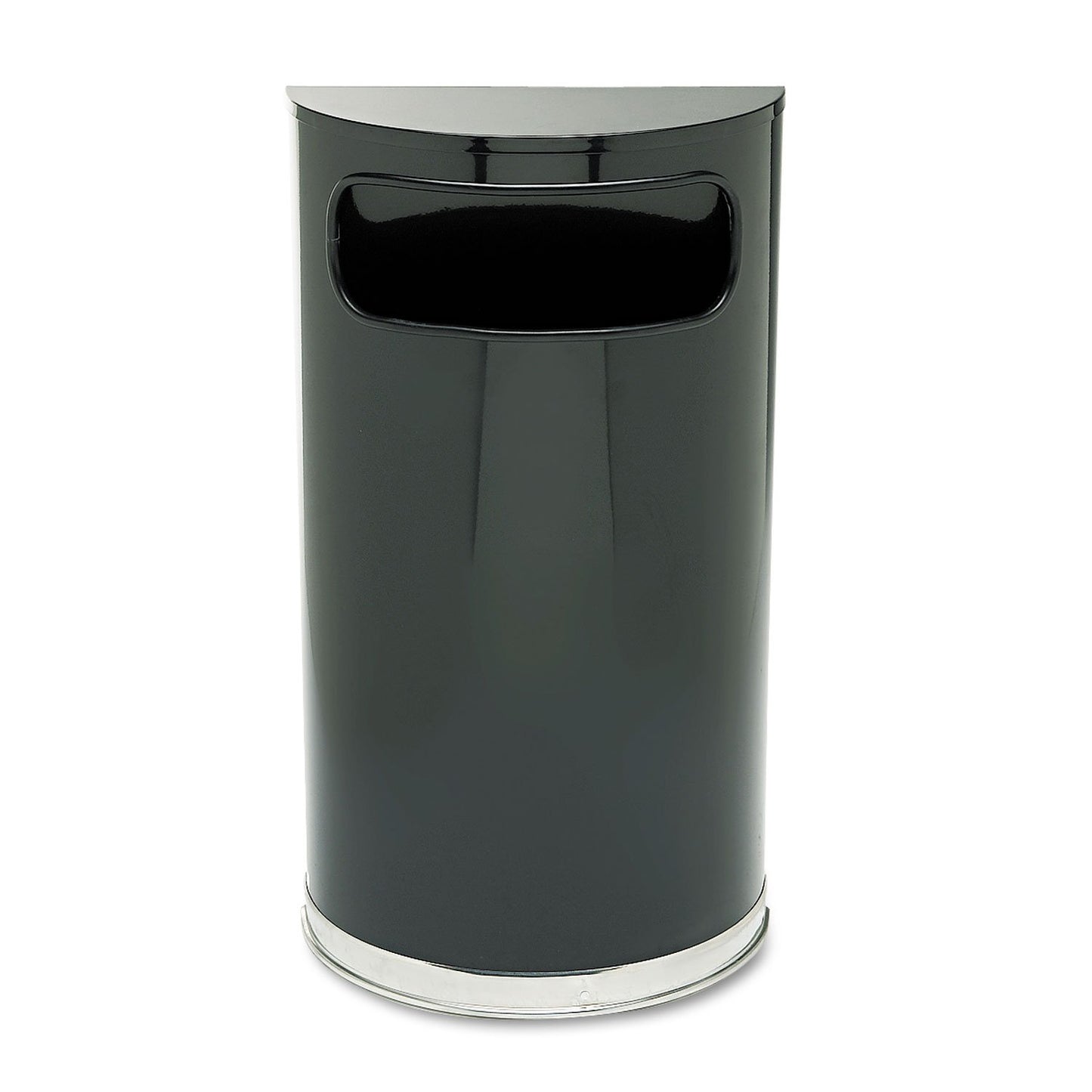 Rubbermaid Commercial Products European & Metallic Series Receptacle Half-Round Trash Can, 9-Gallon, Black/Chrome, Side Opening Indoor/Outdoor Waste Container for Lobby/Office/School/Restaurant