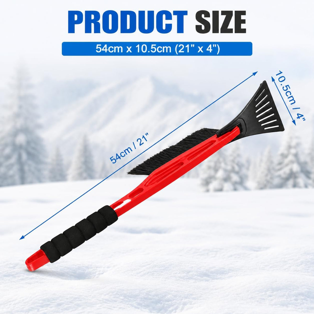 Ice Scraper and Snow Brush Combo, Long Handle with Squeegee and Brush, for Car and Windows, Winter Cleaning Tool (Red)