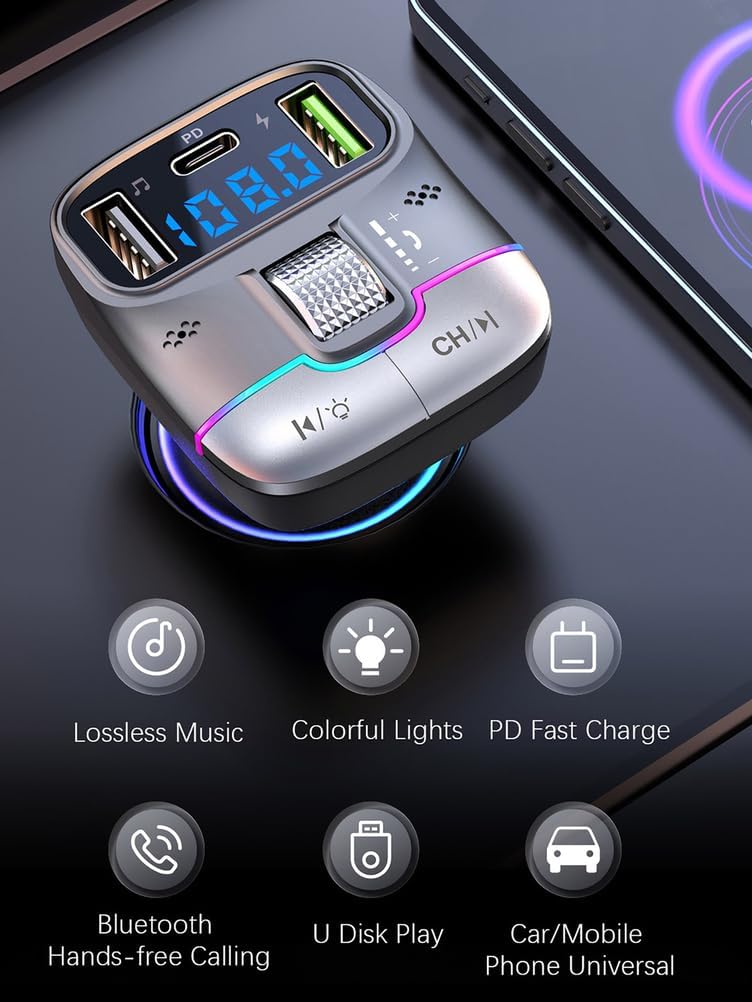 Bluetooth 5.3 FM Transmitter Car Adapter, Wireless Radio Music Adapter LED Display Hands-Free Calling Support USB Drive, PD & QC3.0 USB Charger