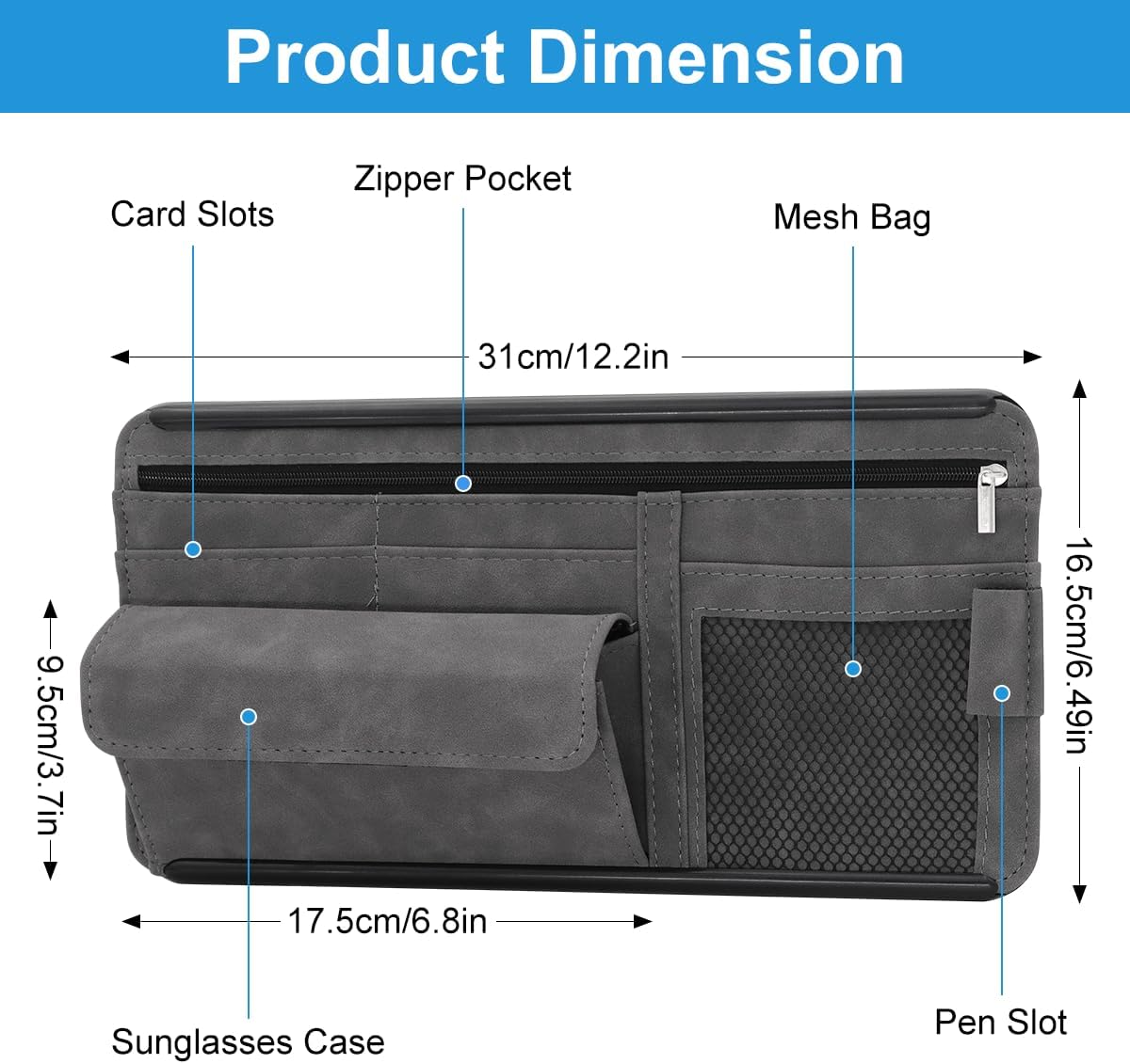 Sun Visor Organizer, Multi-Pocket Auto Visor Organizer for Car, SUV and Truck, Card Holder Glasses Holder for Car Interior Accessories Car Organizers And Storage, Gray