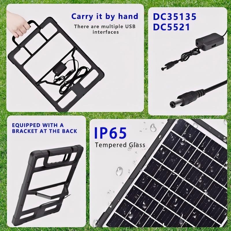 20W Universal Solar Charger, 5V/9V/12V Output with Battery Clamps & 4-Port USB Hub, IP65 Waterproof Portable Solar Panel for Phone, Tablet, Car Battery, Outdoor Camping