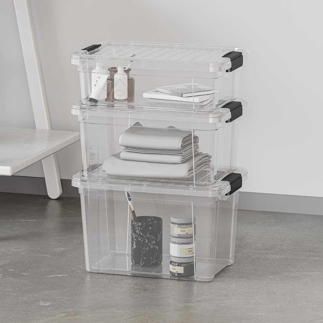 Superio Clear Storage Boxes with Lids, 3.4 Quart Plastic Container Bins for Organizing, Stackable Crates, BPA Free, Non Toxic, Odor Free, Organizers for Home, Office, School, and Dorm