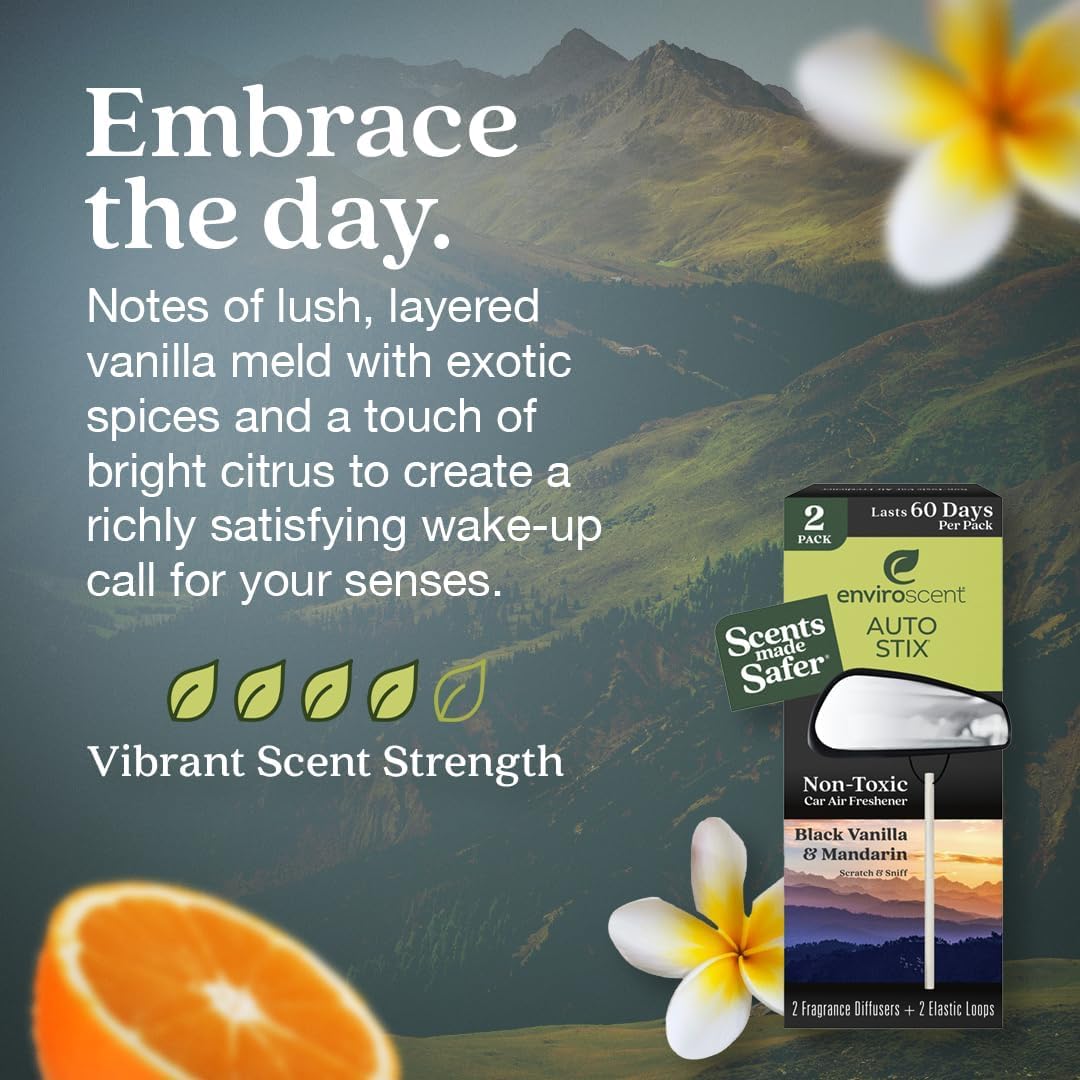 Enviroscent Non-Toxic* Car Air Freshener Auto Stix® - Scents Made Safer - Enjoy Fragrance Lasts Up to 180 Days - Includes Auto Stix® Diffusers & Elastic Loops - Black Vanilla & Mandarin (Pack of 3)