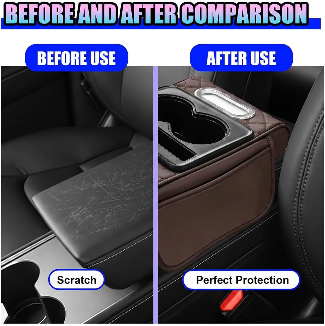 Leather Car Center Console Cover, Armrest Booster Cushion, Coffee