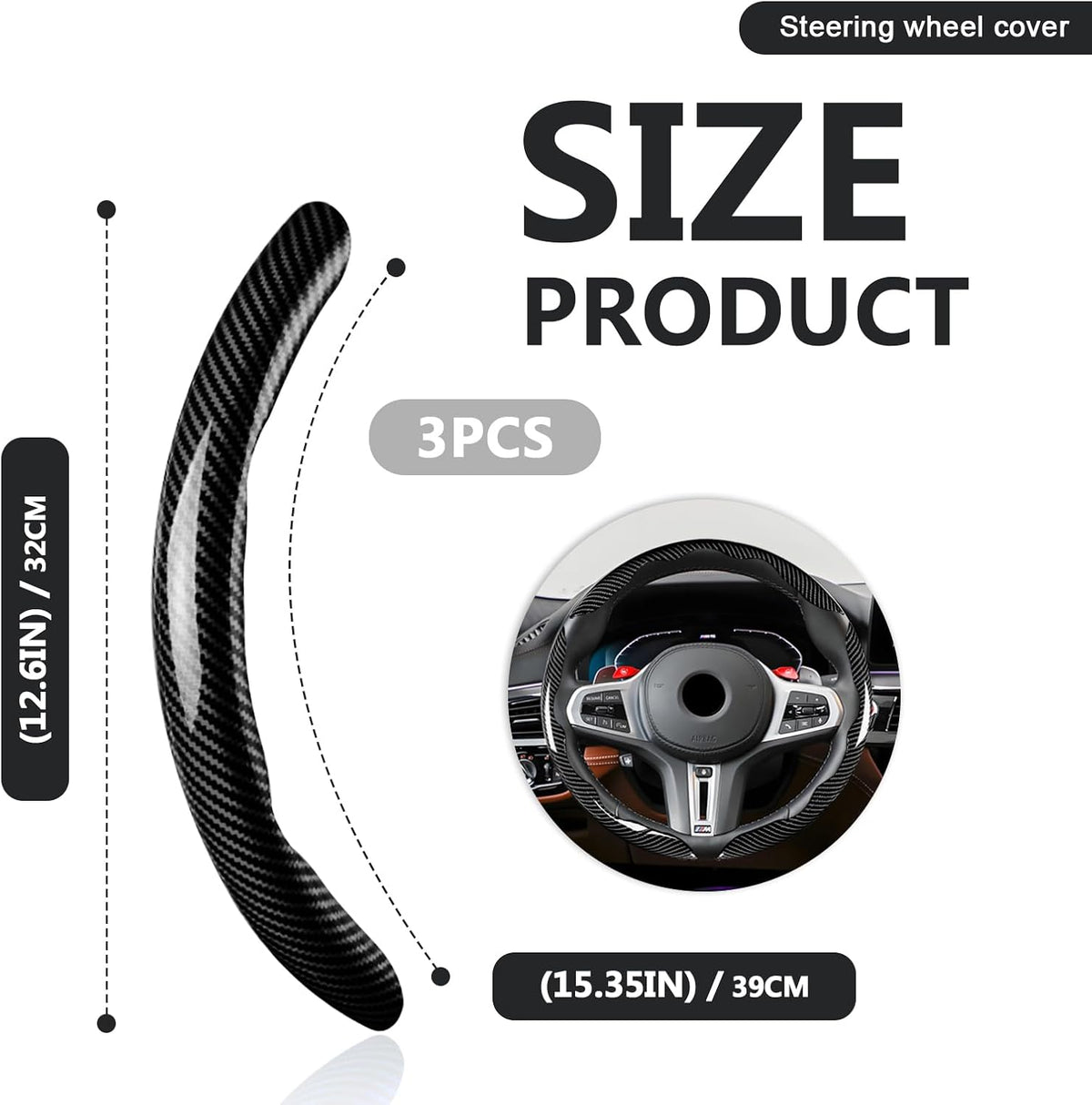 3pcs Universal Carbon Fiber Steering Wheel Cover - Anti-Slip & Segmented Design, Universal 99% Durable Steering Wheel Protector for Men and Women, Car Interior Accessory (Black)