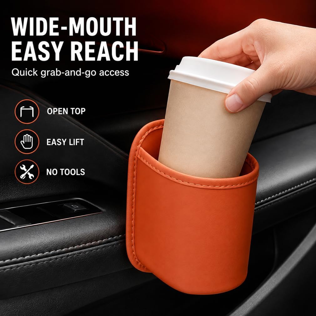 Leather Car Door Cup Holder, Wide-Mouth PU Leather Clip-On Organizer with Back Clip, Extra car Door Cup Holder for Drinks, Phone, Front Seat, Backseat, SUV, Truck，Red-2pcs