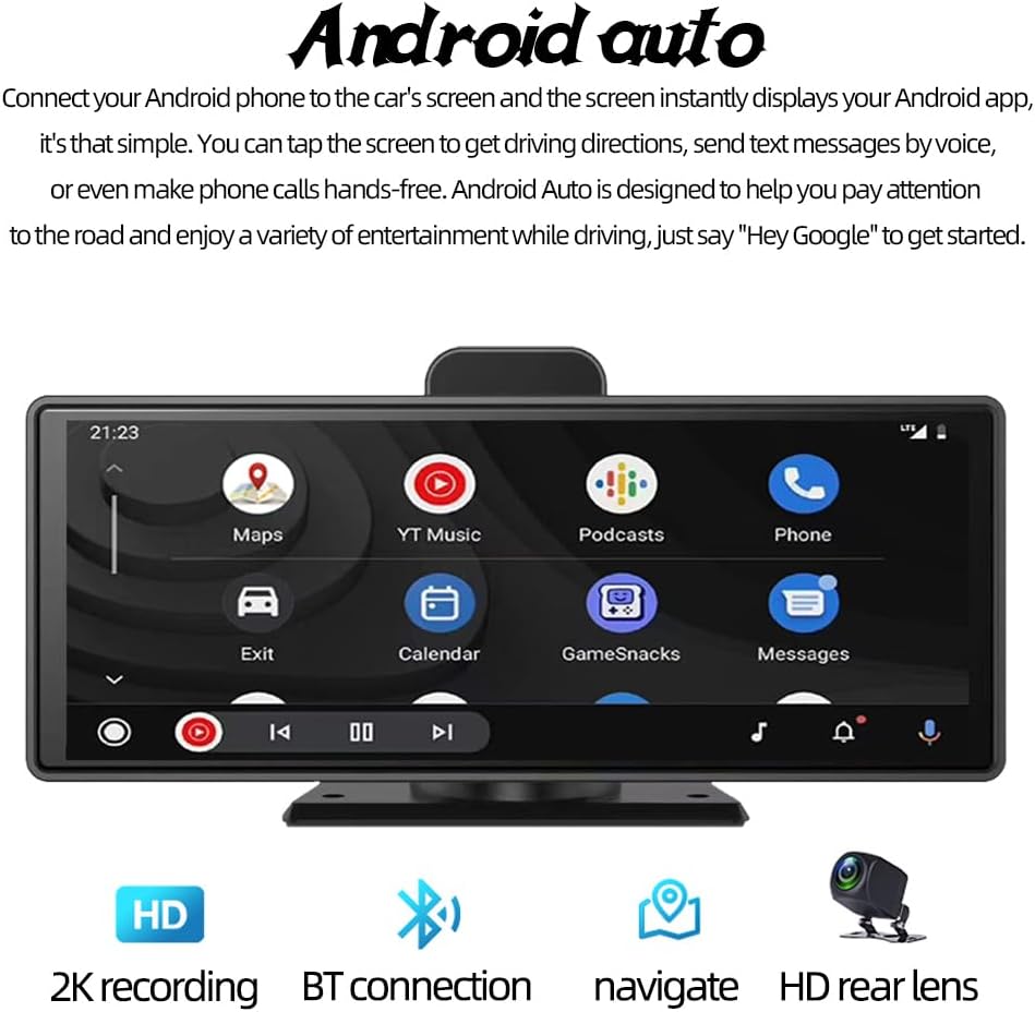 Eaglerich T97 10" Wireless Carplay & Android Auto Car Monitor with Backup Camera, Portable Touchscreen GPS Navigation, Bluetooth 5.0, FM Transmitter, AUX, Hands-Free Calling, Loop Recording