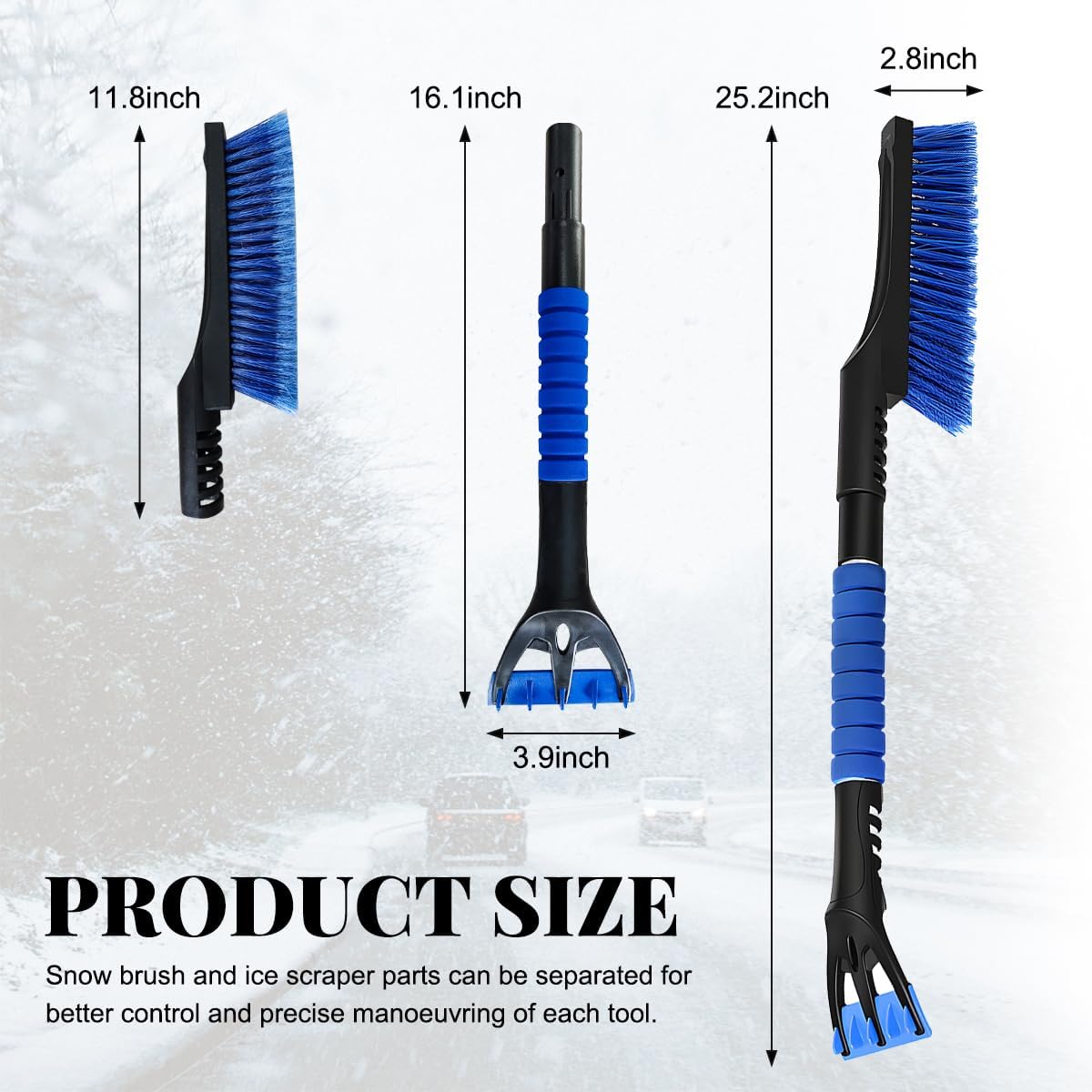 Wevdn 25" Snow Brush and Ice Scraper for Car Windshield, Detachable Snow Scrapers with Ergonomic Foam Handle, 2 in 1 Snow Scraper and Ice Shovel, Winter Snow Removal Accessories for Car (Blue)