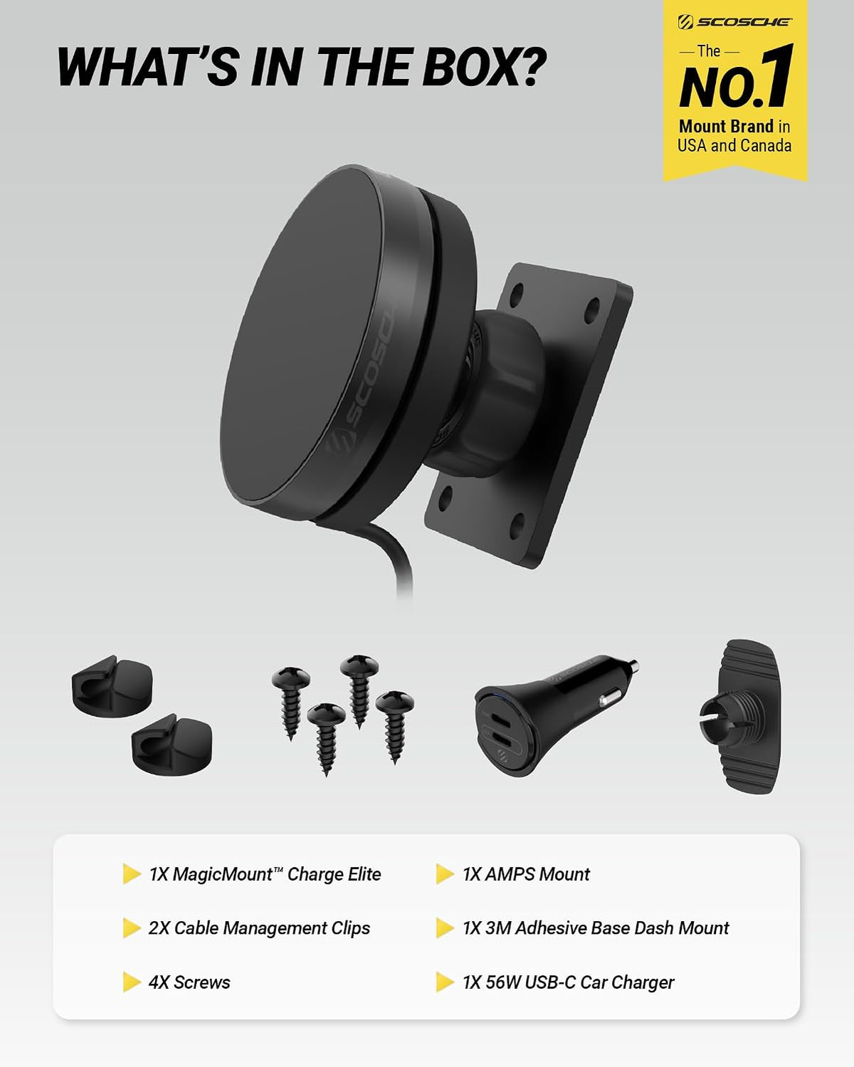 Scosche MagicMount Elite Qi2 Wireless MagSafe Car Mount Charger, 25W Magnetic Cell Phone Holder for Car with AMPS Mounting Plate and 3M Adhesive Dashboard Adapter Compatible with iPhone, Samsung