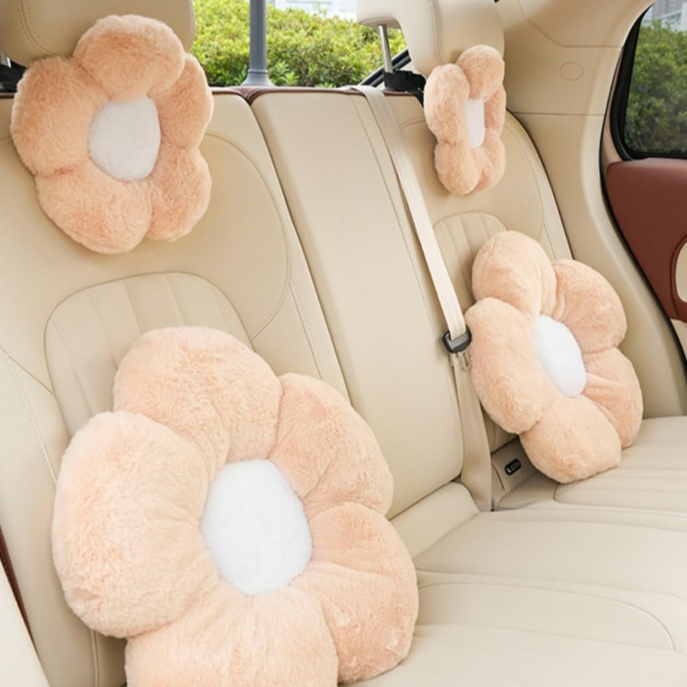 4 Pack Plush Flower Car Headrest Pillow and Lumbar Support Pillow Soft Comfortable Car Headrest Pillow Cute Car Accessories for Car Driving Cute Neck Pillows for Driving Car Decor