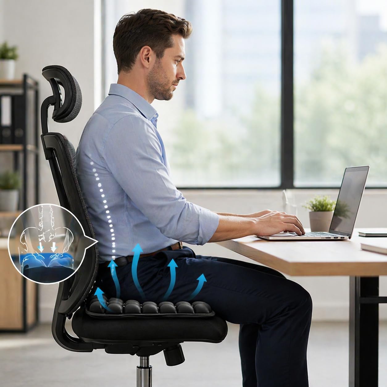 Inflatable Travel Seat Cushion for Airplane, Press-to-Inflate Air Cell Cushion, Portable & Foldable for Long Sitting, Car, Office, Wheelchair (30-Cell Air Cushion (Hollow Center))