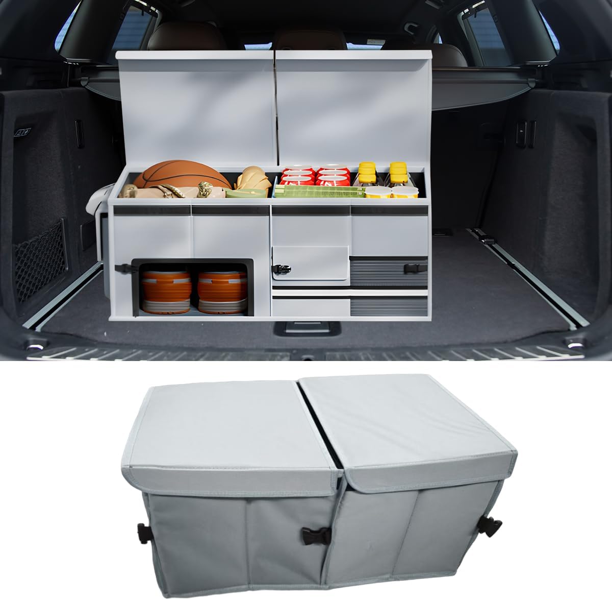 Car Trunk Organizer, Collapsible Multi Compartment Car Storage Box with Lid & Reinforced Handles, Adjustable Waterproof Storage Organizer Accessories for SUVs Cars Trucks (Gray)