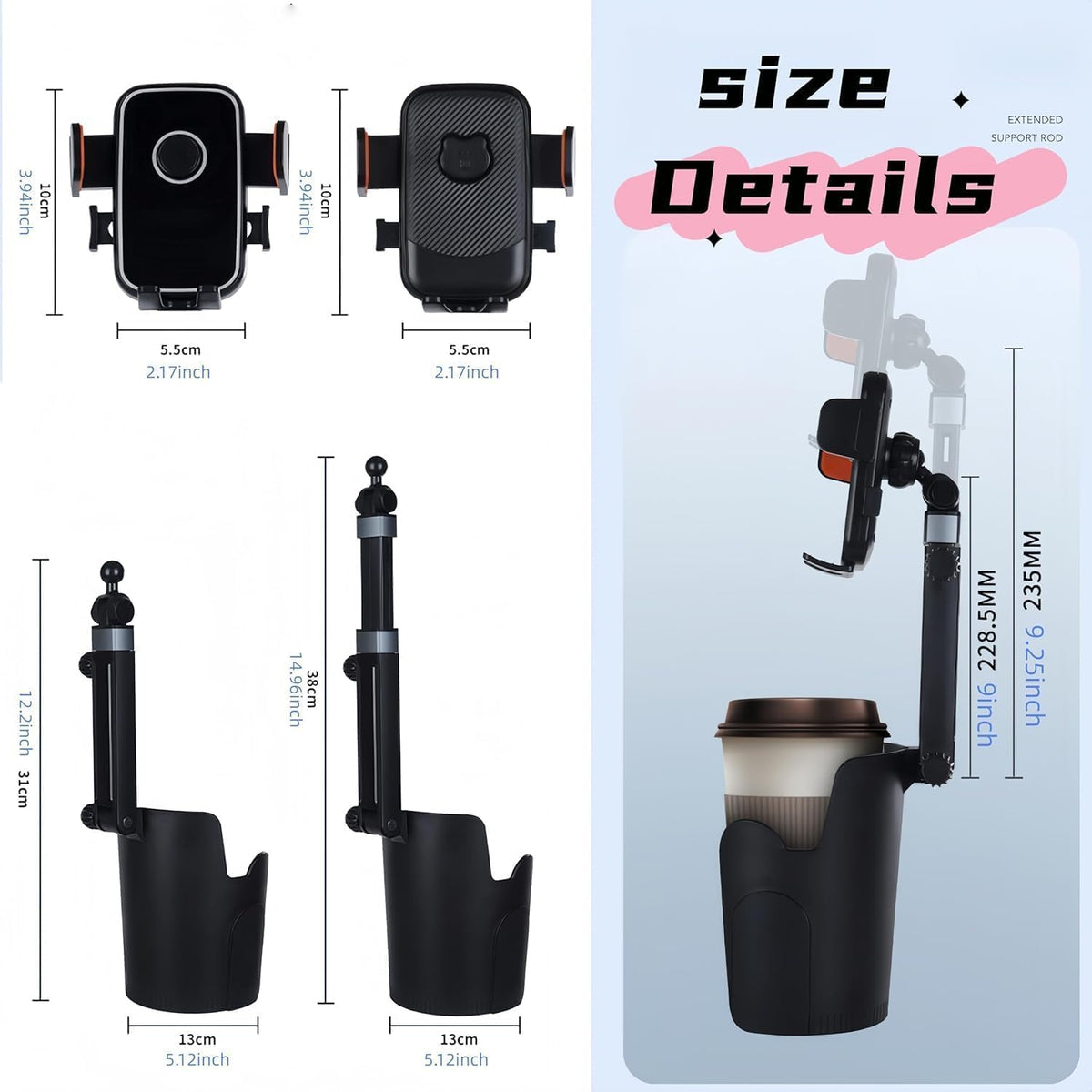 Upgrade Universal Cup Car Mount Stand Bracket Height Adjustable for All Phone Fit All Car Display Music Meeting Video Travel