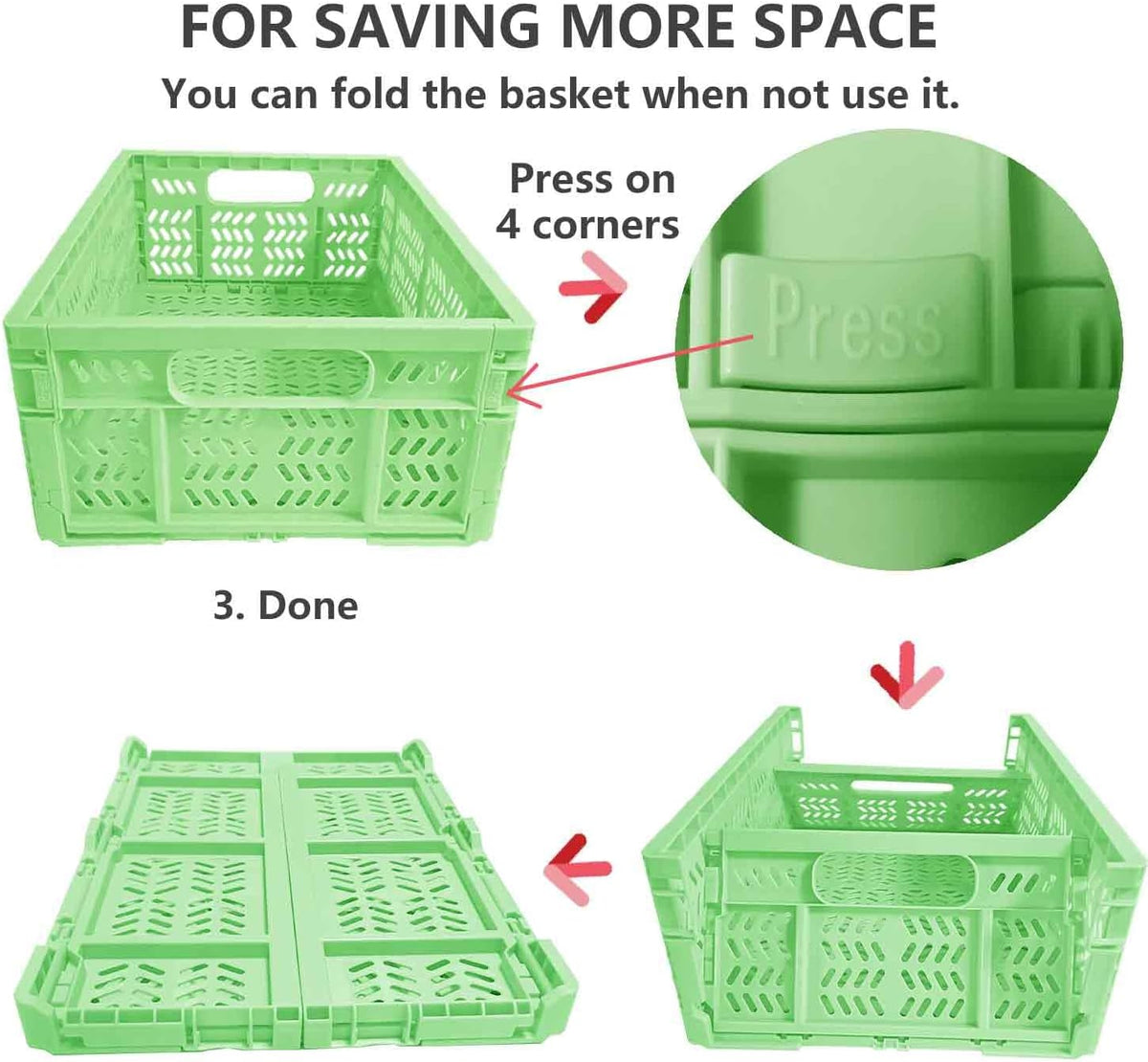 20L Folding Crate, 4Pack Plastic Storage Baskets Organizer for Home and Office,Collapsible Storage Crates for Home Office and Outdoor Organizer. (Green)