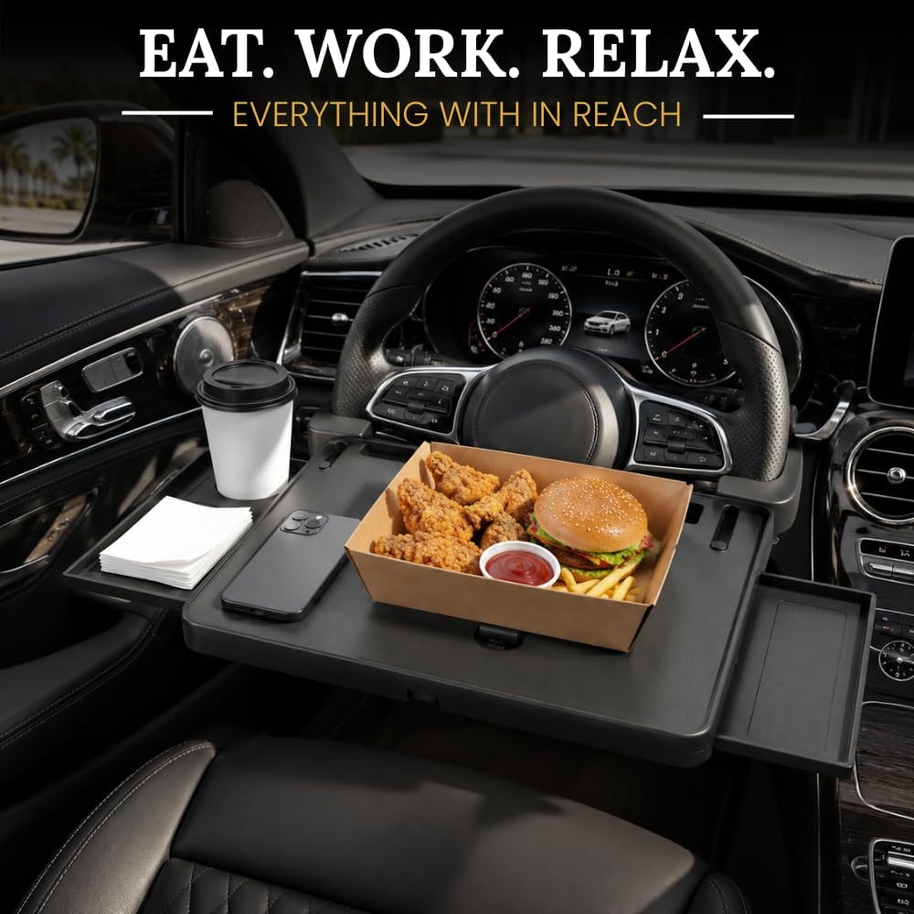3-in-1 Steering Wheel Tray, Car Desk for Laptop, Food Tray for Eating & Work, Adjustable Car Table with Drawer & Anti-Slip Design, Multipurpose Travel Car Accessories