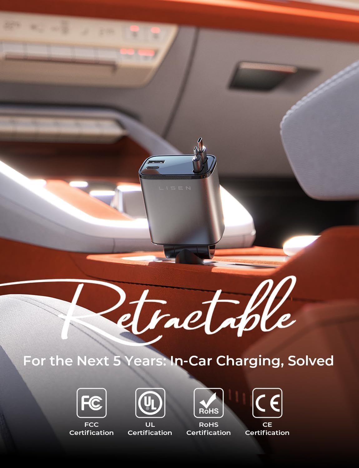 LISEN Retractable Car Charger, Dual USB C Retractable Cable Fast Car Adapter [84W Total] Travel Essential Car Accessories for Men Women, for iPhone 17 16 15 Pro Max, Samsung S26 S25 S24, Pixel, iPad