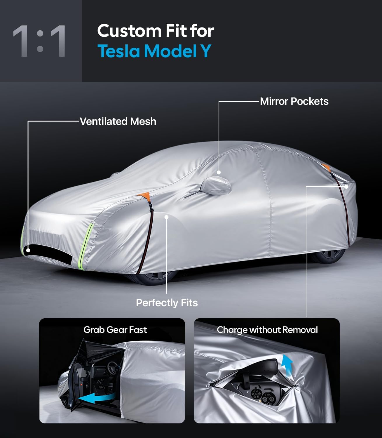 Wigoo Tesla Model Y Car Cover Accessories (2020–2026), Custom Fit All-Weather Outdoor, Waterproof UV Sun & Heat Protection, Ventilated Design, Windproof, Smooth Paint-Safe Lining, Charging Port Zipper