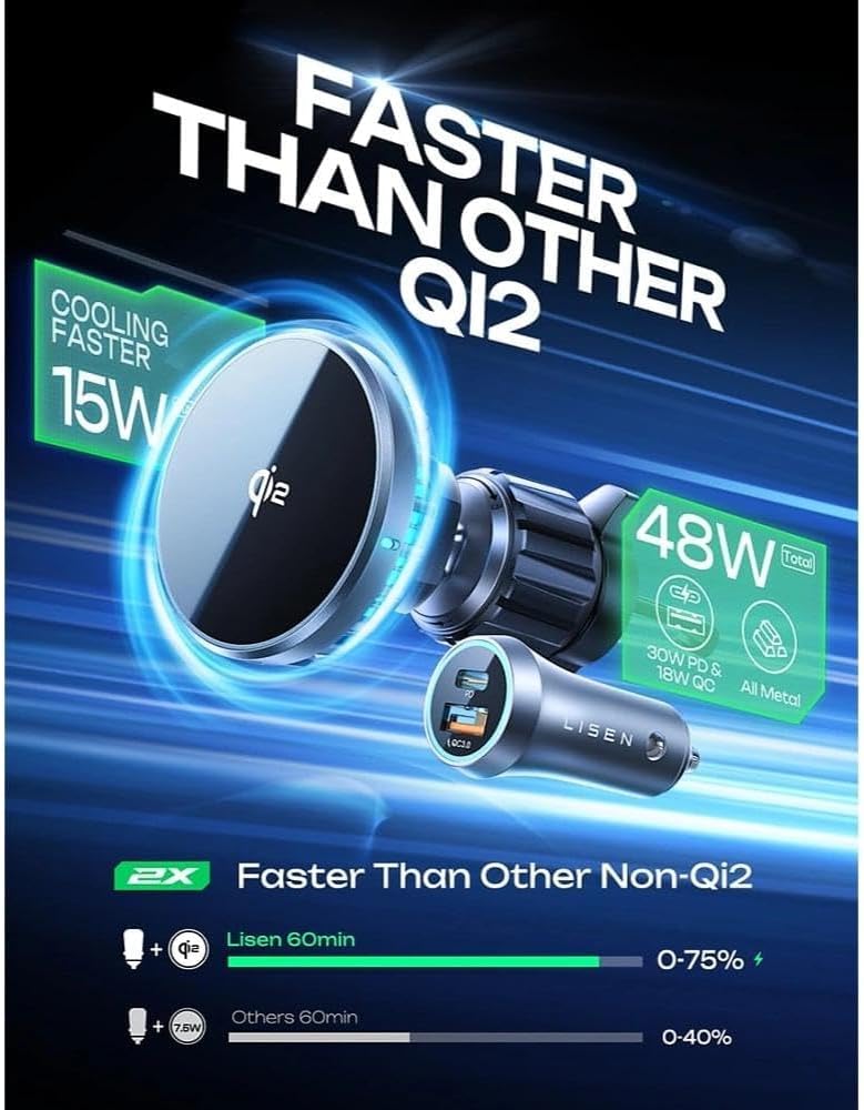 LISEN for iPhone 18 Pro Max Car Charger Mount Holder for Qi2.2 25W Cooling
