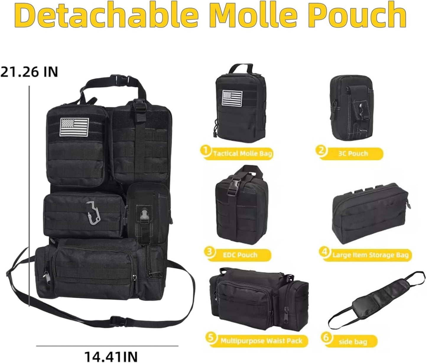 Tactical Car Seat Back Organizer,Tactical Molle Seat Back Organizer with 6 Detachable Molle Pouch,Universal Fits for Car Truck Jeep Vehicle