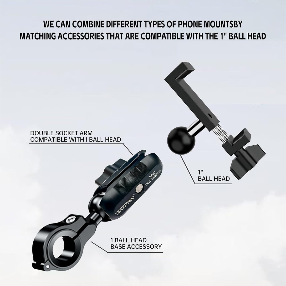 1 Inch Aluminum Phone Holder with 1" Ball Head Adapter Compatible with RAM mounts B Size Double Socket Arm for Car Bike Motorcycle Phone Mount