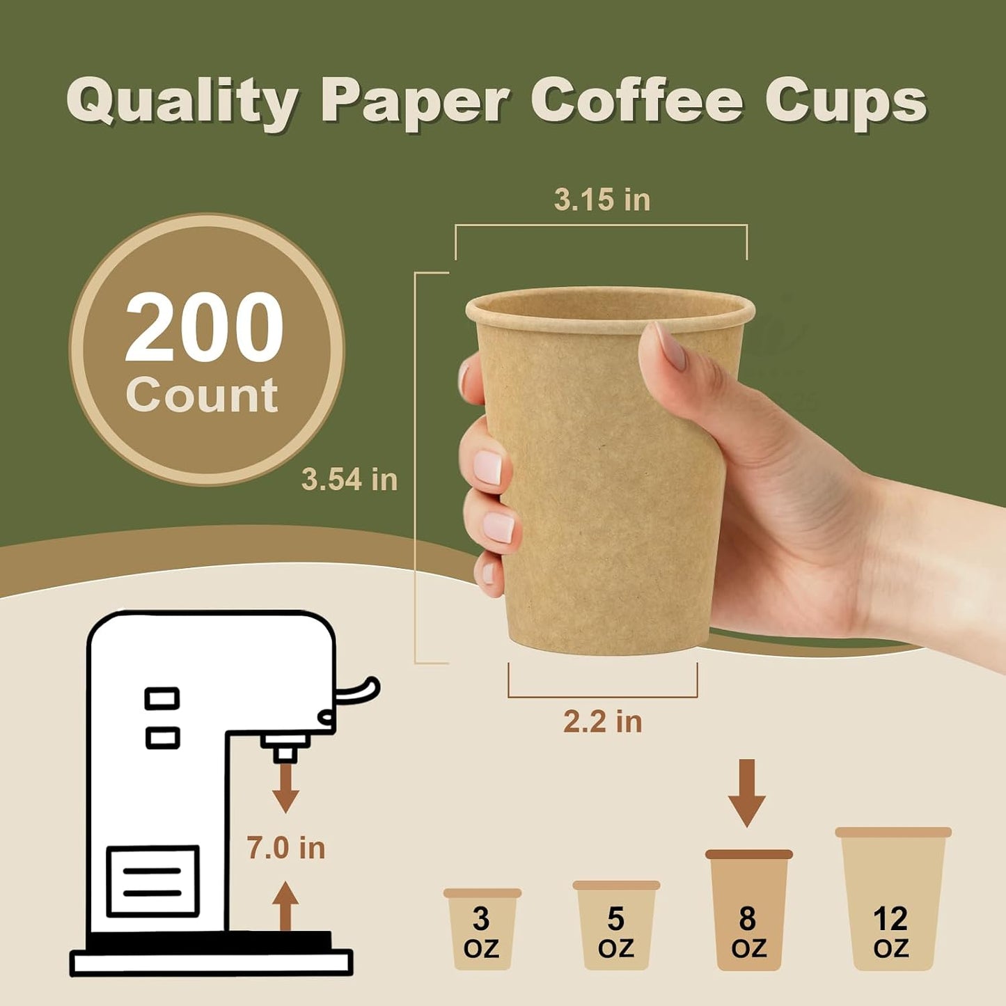 8 oz 200 Pack Disposable Coffee Cups, Bulk Brown Disposable Paper Cups, Coffee Cups for Hot Tea, Chocolate and Cold Drinks