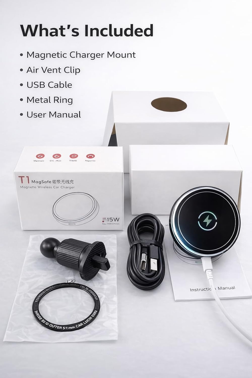 Magnetic Wireless Car Charger Mount for Air Vent, MagSafe Compatible, 15W Fast Charging, Strong Magnetic Phone Holder for iPhone 12–15 & Android