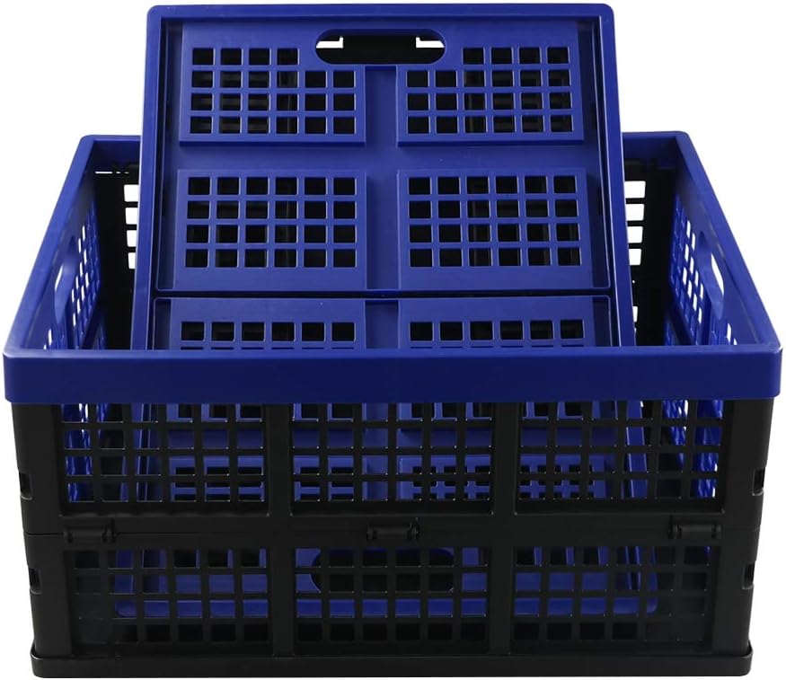 Hespama 35 Quart Folding Crates, Blue Collapsible Milk Crate Basket, 2 Pack