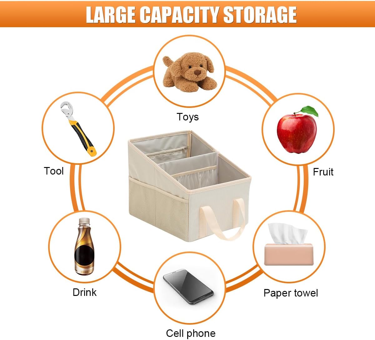 Craedli Car Seat Organizer, Collapsible Trunk Organizer Backseat Car Storage Box with 2 Compartments and Multiple Pockets, Passenger Seat Organizer with Handles for Front/Back Consoles (Beige)