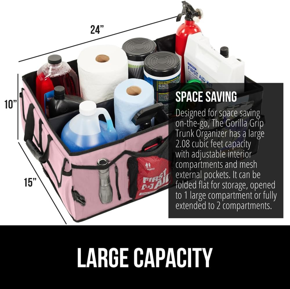 GORILLA GRIP Trunk Organizer for SUV and Cars, Large Capacity Collapsible Car Trunk Storage Organizer, Heavy Duty Car Accessories, Gifts for Mom and Dad, Slip & Water Resistant Multi Compartment, Pink