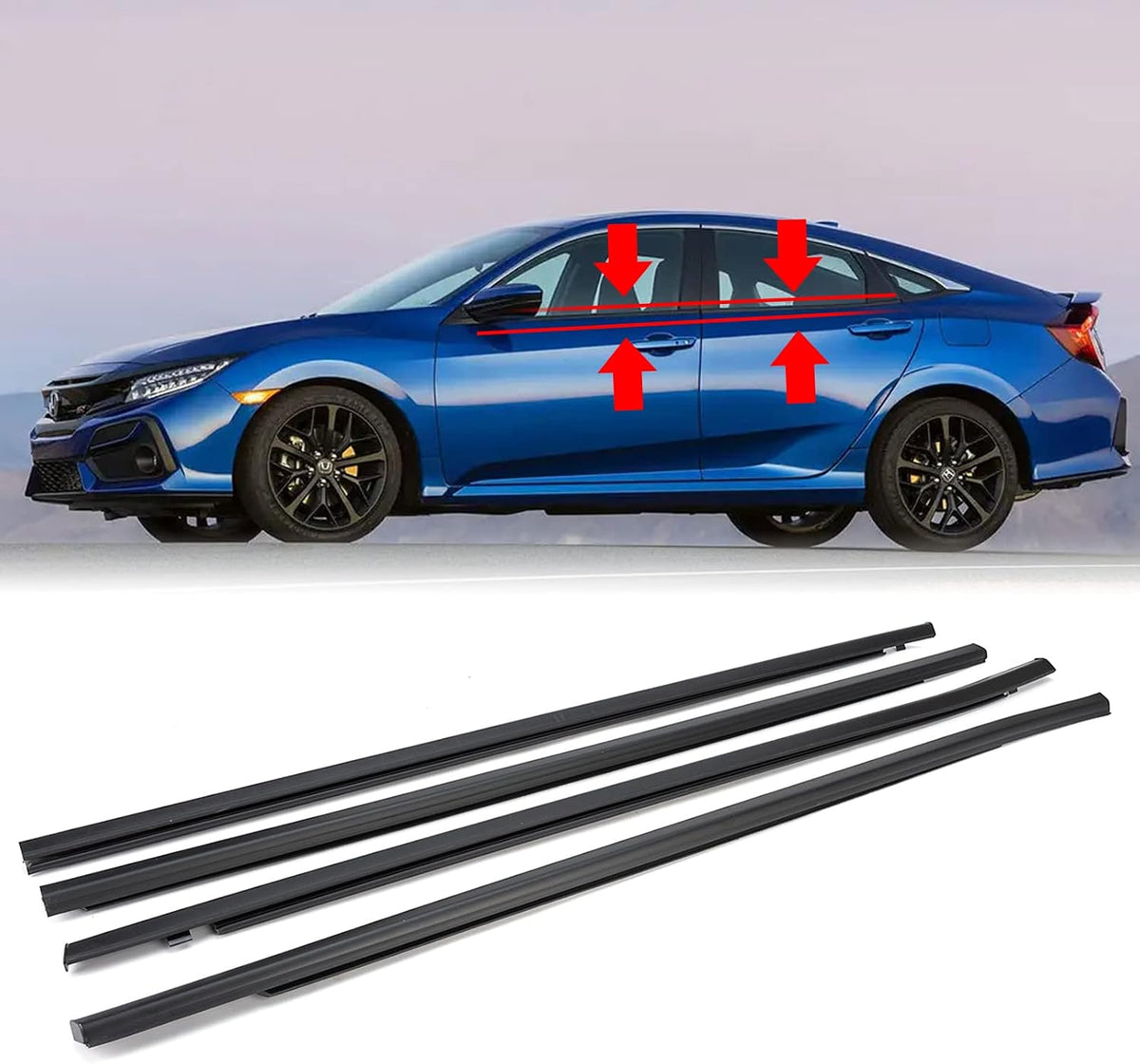 4Pcs Weatherstrip Window Moulding Trim Seal Belt Compatible with 2016-2021 Honda Civic 4 Door Sedan