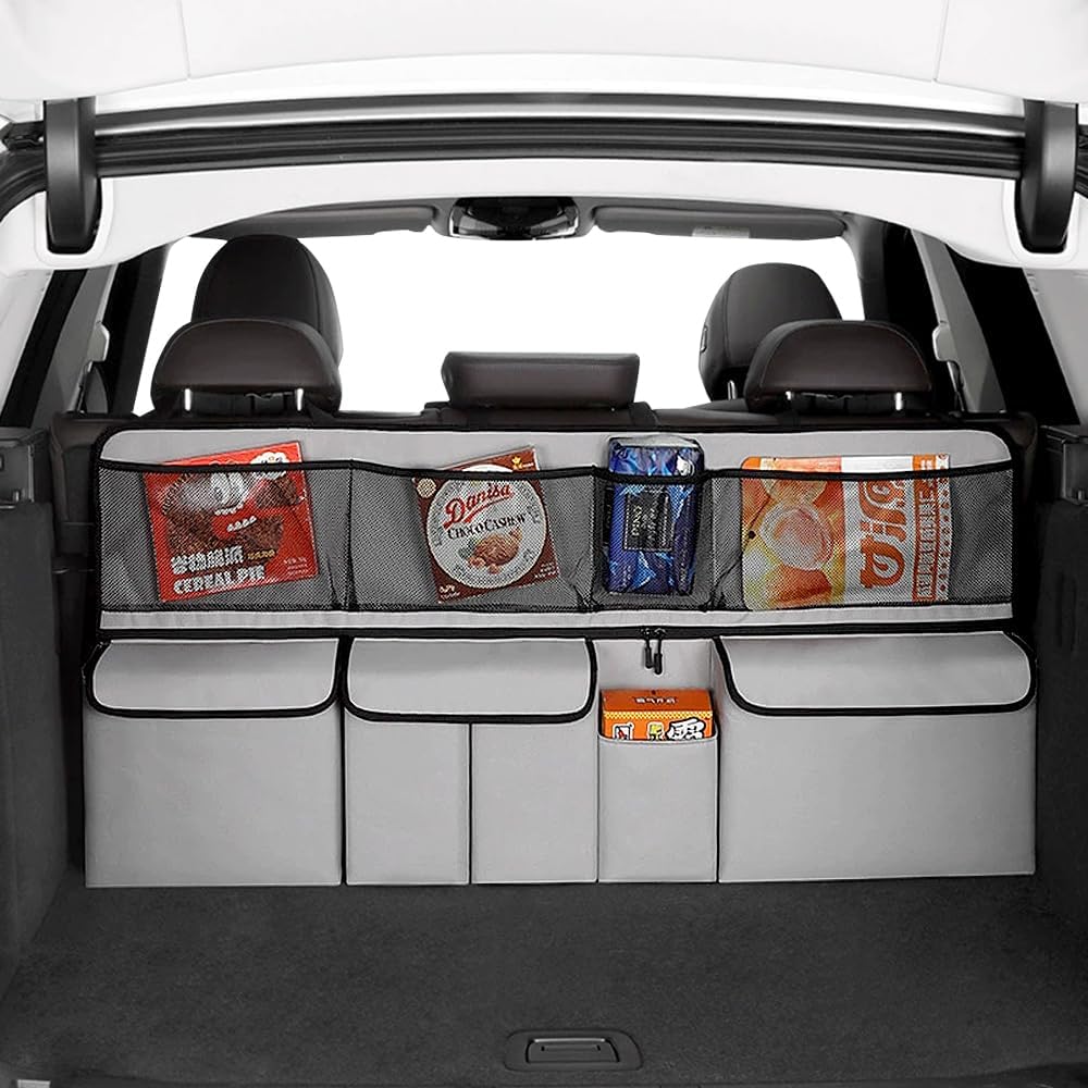 Viaviat Hanging Car Trunk Organizer, Collapsible Backseat Storage Bag with 9 Large Pockets for Medium or Large Size SUV, Truck, MPV, Car Interior Accessories (Light-gray)