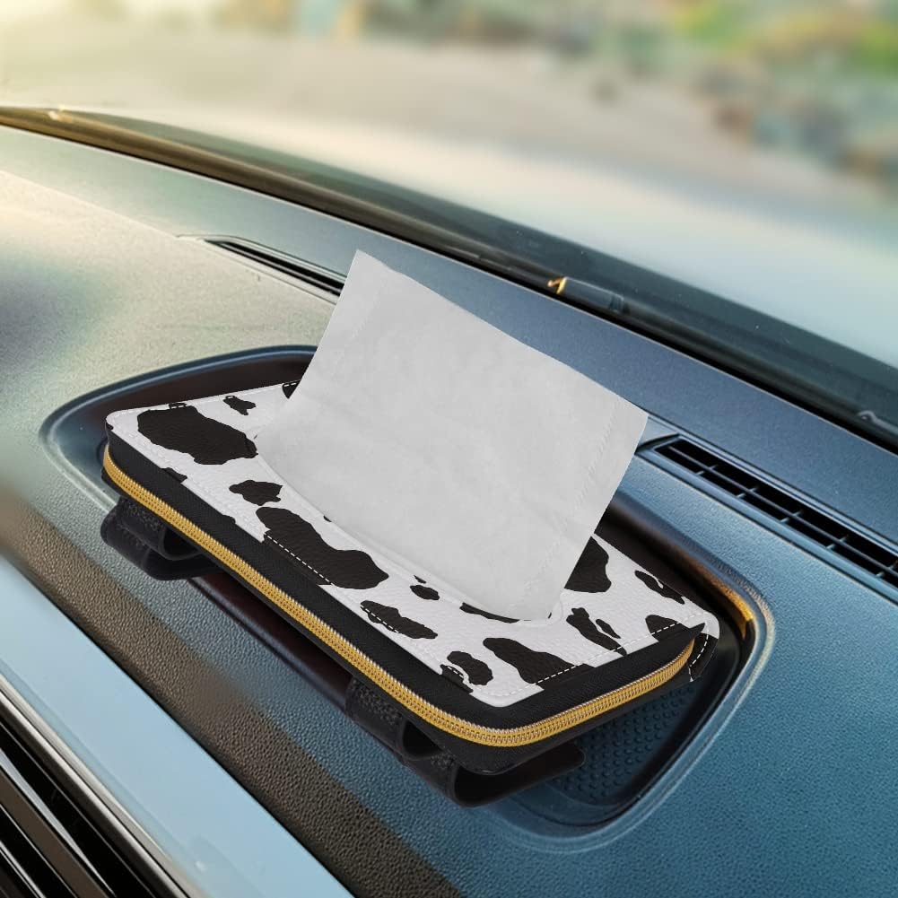 Biyejit Car Tissue Holder - Black and White Cow Print Sun Visor Napkin Holder, PU Leather Backseat Tissue case Holder