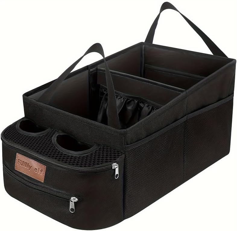 FUNNy elf Car Backseat Organizer for Cars, Collapsible Front Seat Organizer with 4 Cup Holders, Storage Pockets & Dividers, Passenger Seat Organizer for SUV, Truck, Sedan