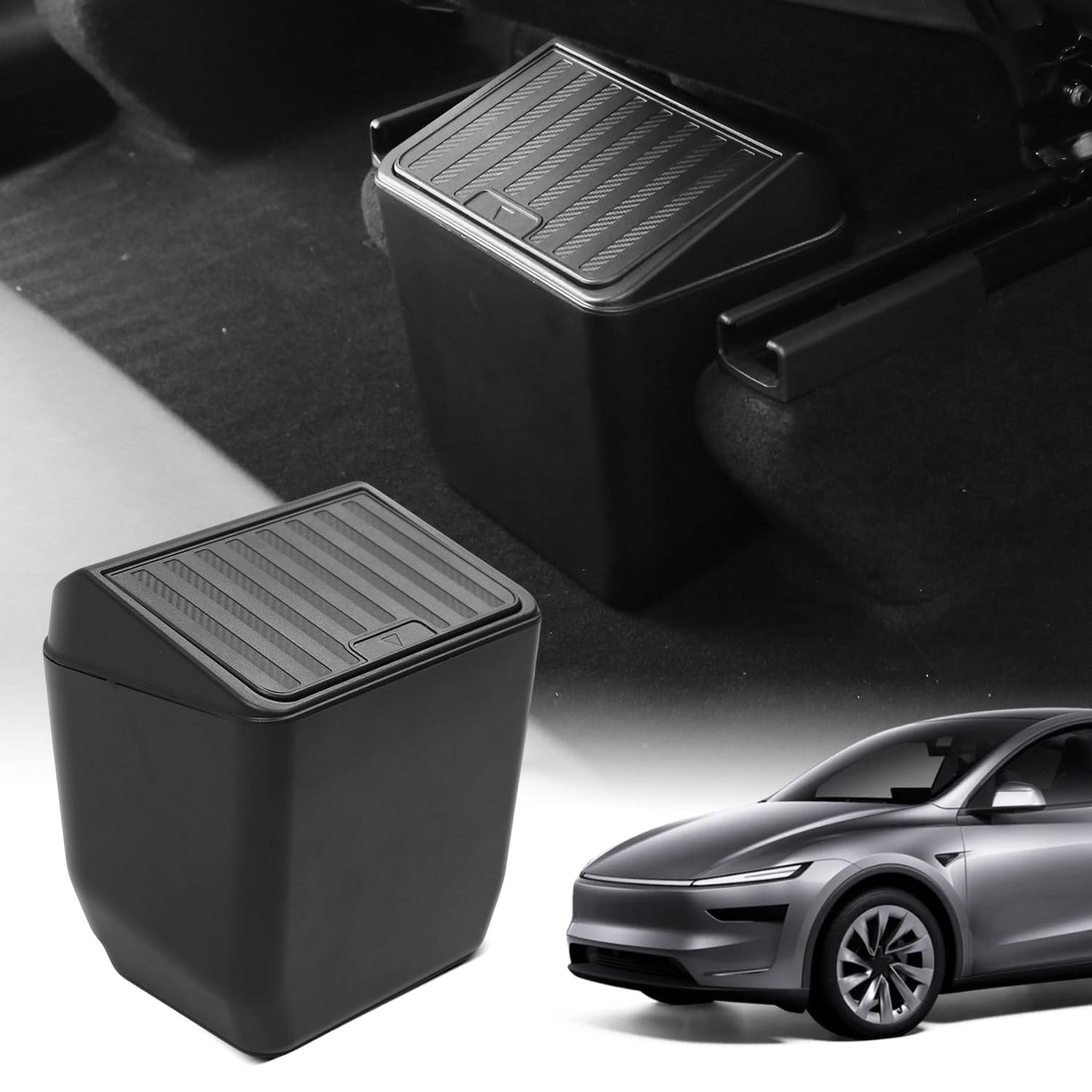 Shademax Rear Trash Can for Tesla Model Y Juniper 2026 2025 Center Console Organizer Backseat Storage Box Underseat Storage Tray Garbage Can Bin for Model Y Juniper Accessories Press Open Design Black