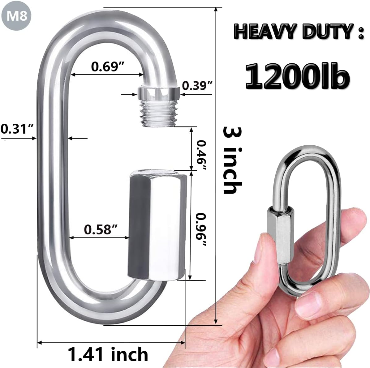 Quick Link, Lsqurel 304 Stainless Steel D Shape Locking Carabiner Heavy Duty Chain Link Keychain for Outdoor Fence Gate Swings Pet Dog M4 M6 M8 M10 Capacity 200lb 600lb 1200lb 2400lb