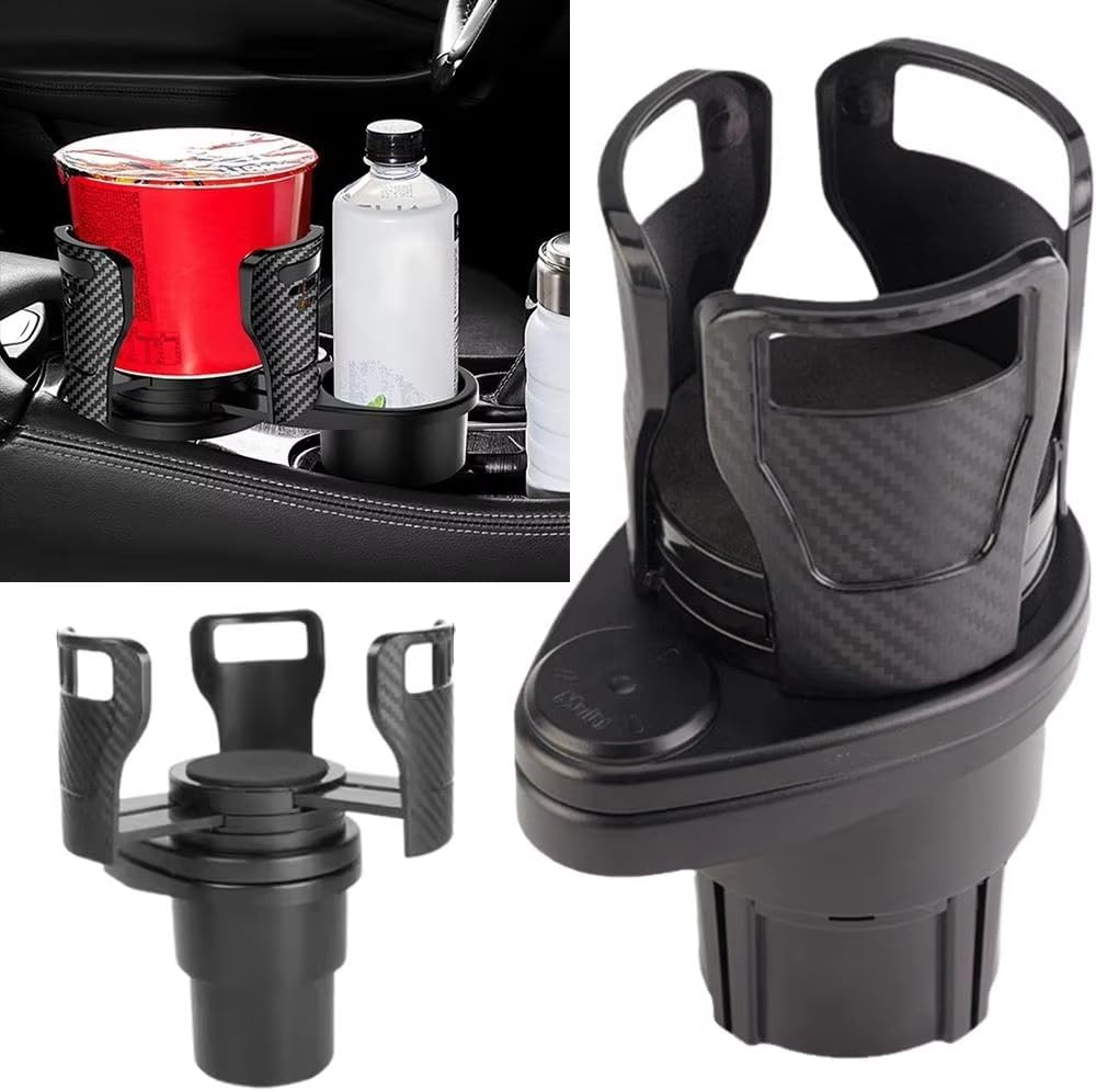 Car Cup Holder Expander for Mazda CX90 CX-90, Multifunctional Dual Cup Mount with 360° Rotating Adjustable Carbon Fiber Texture Adapter