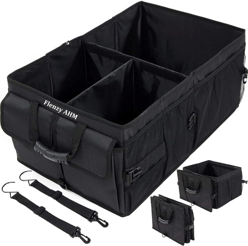 Heavy-Duty Car Trunk Organizer with Built-In Insulated Cooler – Large Collapsible SUV Cargo Storage Bin, Rigid Plastic Walls (Won't Sag), Non-Slip Straps, Black