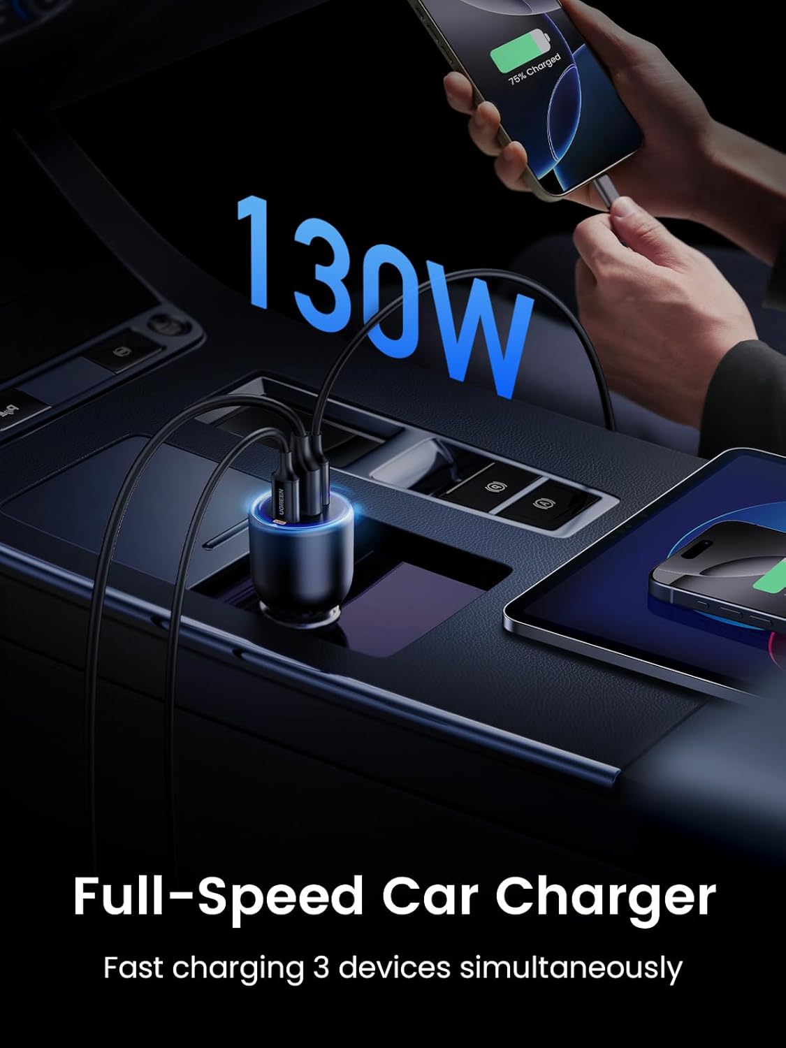 UGREEN 130W USB C Car Charger with Cable, Type C Cigarette Lighter Adapter