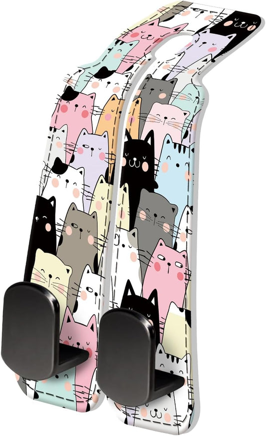 PU Leather Car Seat Hook, Storage Headrest Hanger, Cute Car Backseat Organizer, Car Hooks for Purses and Bags Multicolor Cat