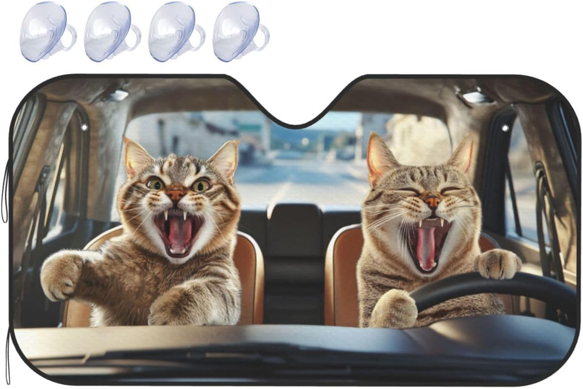 Funny Cat Car Windshield Sun Shade Cute Cats Foldable Sunshades Front Sun Visor Window Shades Cover Automotive Interior Protector Blocks Uv Rays 55" L X 30" W