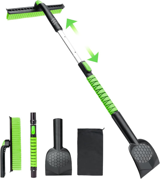 45.6" Ice Scraper and Snow Brush for Car Windshield [Silicone Bristles] ,3-in-1 Extendable Emergency Snow Shovel with Ergonomic Foam Grip and 360° Pivoting Brush Head for Christmas, Car Auto Truck SUV