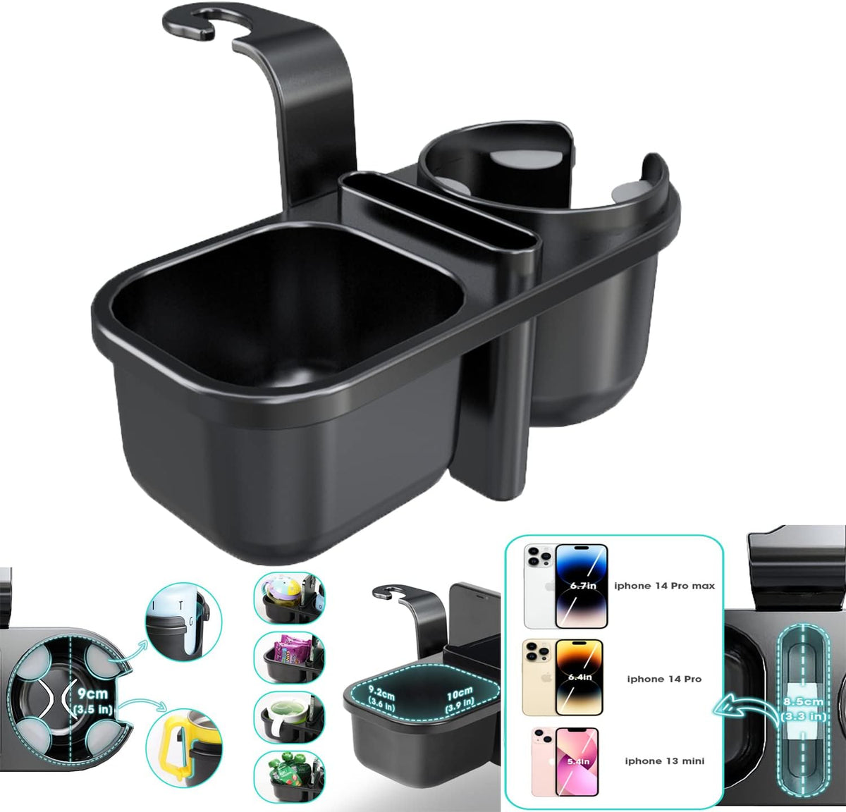 Headrest Backseat Organizer With Cup Holders, 3 in 1 Back Seat Holder With Hook, Organizer for Kids, Food Table or Sauce Holder, Car Travel Accessories