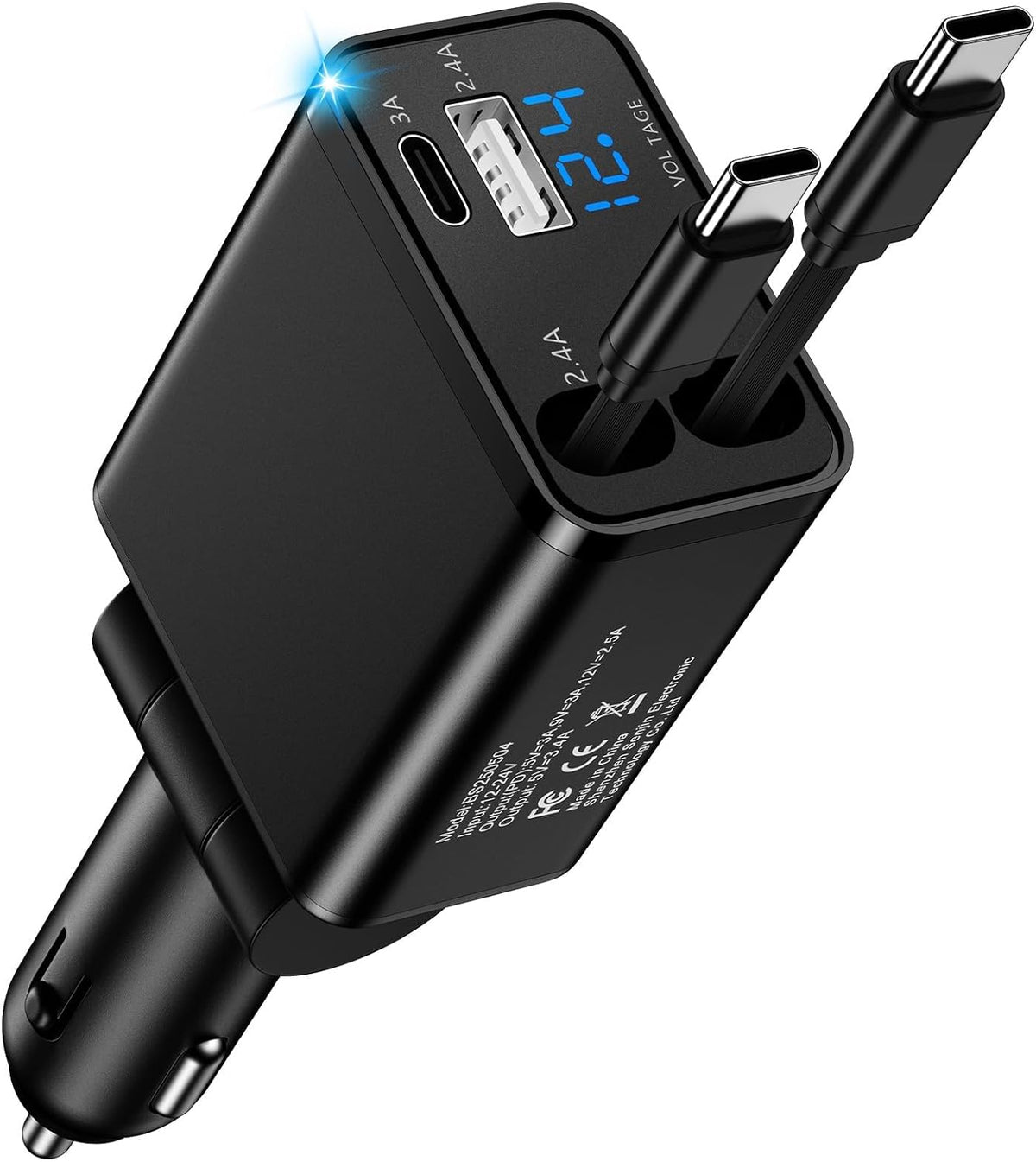 Retractable Car Phone Charger for Samsung S26 Android Fast USB C iPhone 18