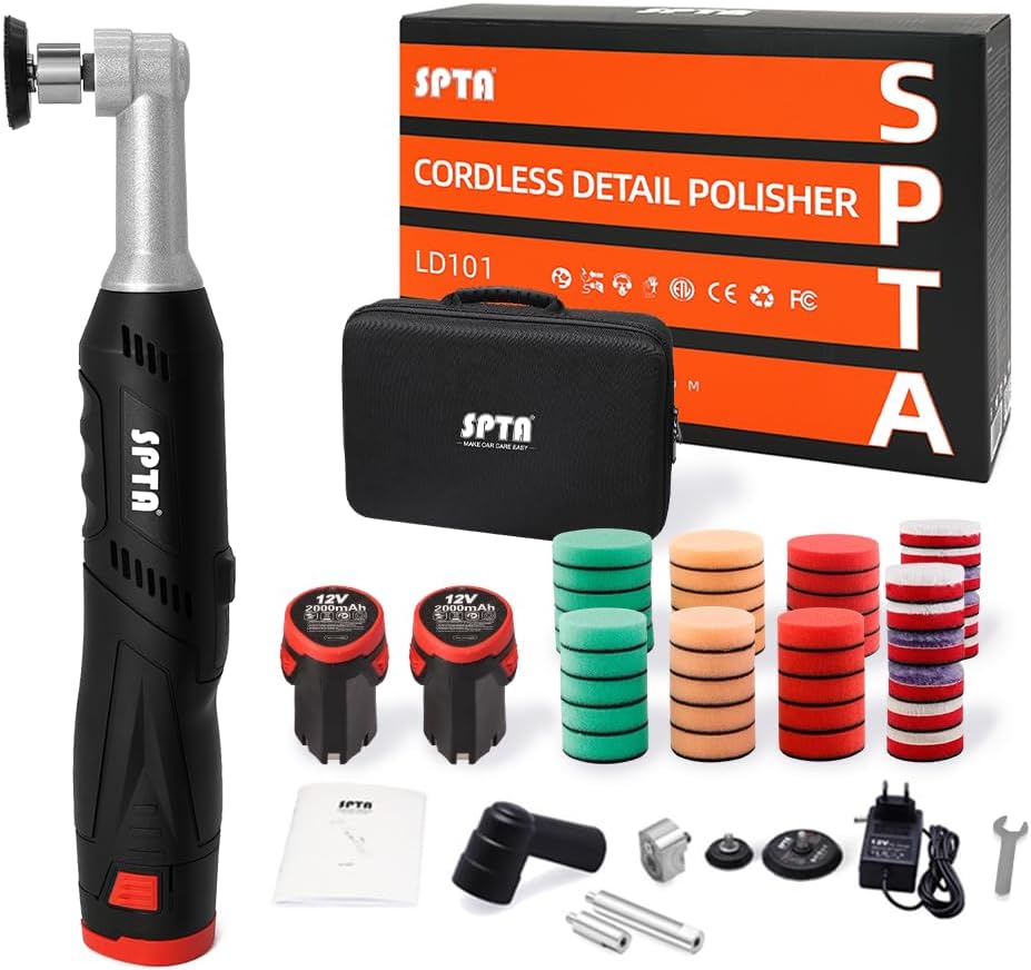 SPTA Cordless Mini Car Polisher, 12V Micro Cordless Scratches Killer Car Polisher RO/DA Mini Car Polisher for polishing, Sanding and Cleaning