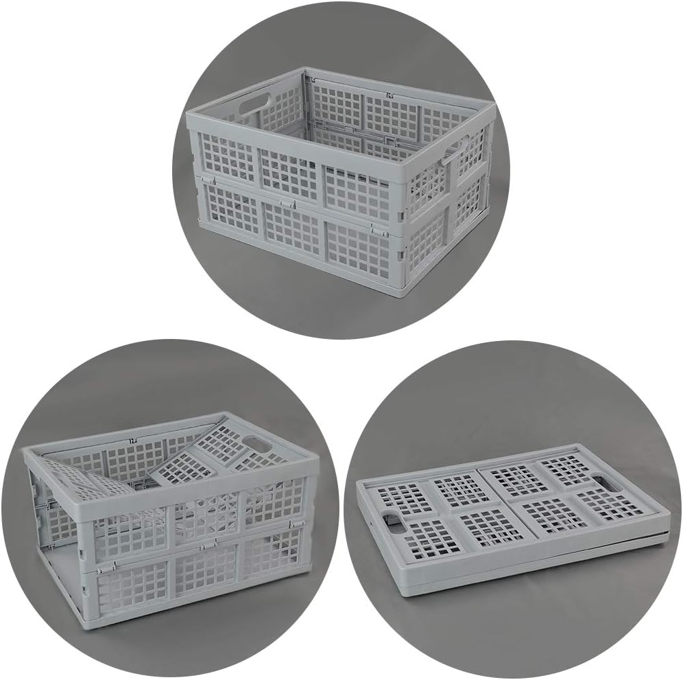 Hespama 2 Pack 35 Quart Plastic Folding Collapsible Milk Crate Basket, Grey
